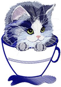 Kitten in a mug applique embroidery design