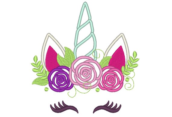 Pretty eyes Unicorn head with shabby chick roses crown applique machine embroidery designs | Rainbow unicorn face Instant Download